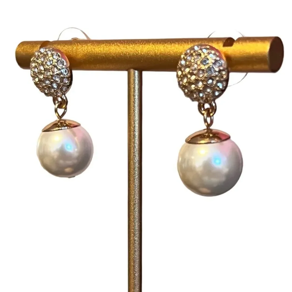 Rhinestone Pearl Gold Tone Dangle Earrings